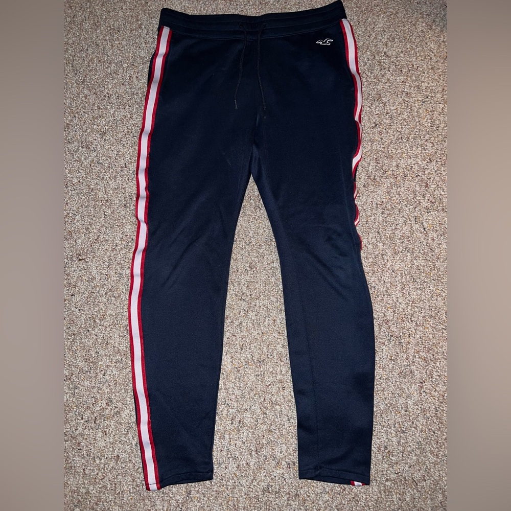 Hollister Navy Joggers with Red and White Stripe